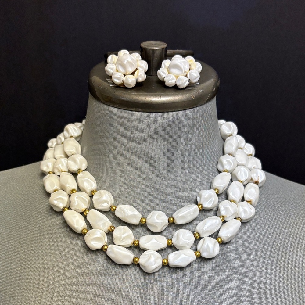 Vintage Triple Strand White and Gold Beads with Matching Clip On Earrings